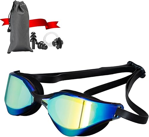 Gafas de natación para hombres/mujeres, antivaho anti-UV, gafas de natación para adultos, niños/niñas/jóvenes/jóvenes Nosepiece reemplazable E2-oro