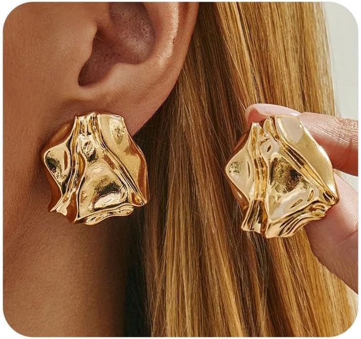 Gold Silver Plated Geometric Pleated Lava Stud Earring for Women,Irregular Chunky Statement Molten Dangle Earrings Punk Party Fashion Accessories Gift