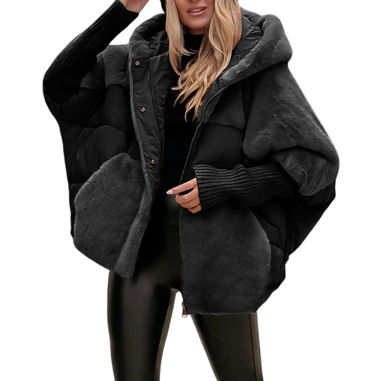 Generisch Oversized Damen-Steppjacke mit Kapuze, Patchwork-Design, wattiert, leicht und warm, Winterbekleidung Winterjacke Damen Teddy