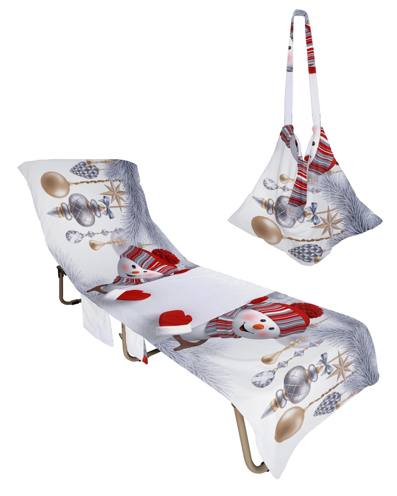 Red Snowman Christmas Beach Lounge Chair Towel Cover, Soft Chaise Lounge Towel with Side Pockets Patio Pool Chairs Cover for Beach/Pool Sunbathing 29x85 Gray Xmas Tree Winter Snowflake