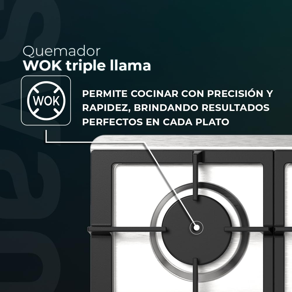 Svan Encimera de Gas Inox SGW57500X. Potencia máx. 4 kW, 5 Quemadores, Quemador WOK triple llama, sistema Ignición Automática, Parrillas Forjadas, Kit Conversión Gas Natural
