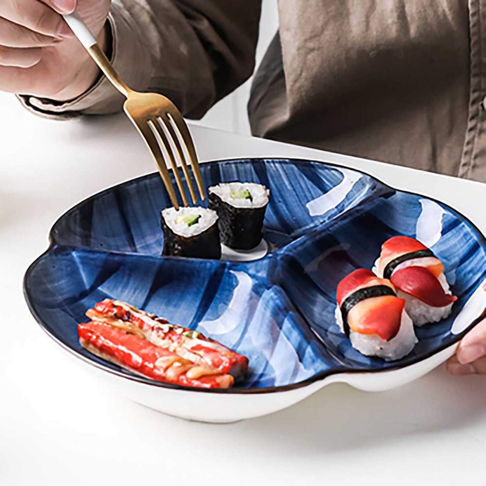 MICPB Ensemble D'Assiettes, Lot de 2 Assiettes à DîNer à Trois Compartiments en CéRamique Domestique Facile à Ranger Et à Nettoyer/bleu/Partie B