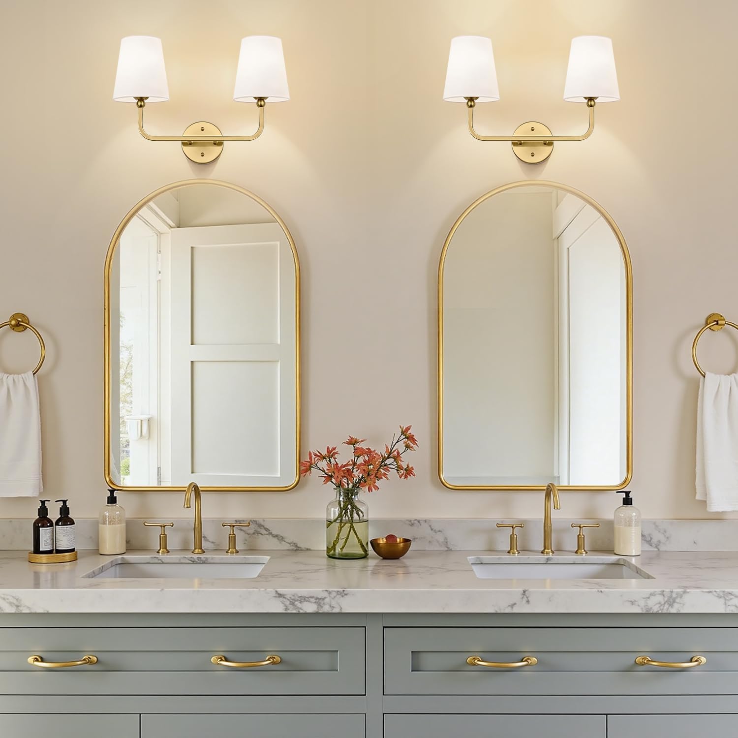 MOKATNG Bathroom Light Fixtures, 2-Light Brushed Gold Vanity Lights, Bathroom Lighting Fixtures Over Mirror with Flared White Fabric Shade, Modern Wall Sconces for Living Room Hallway
