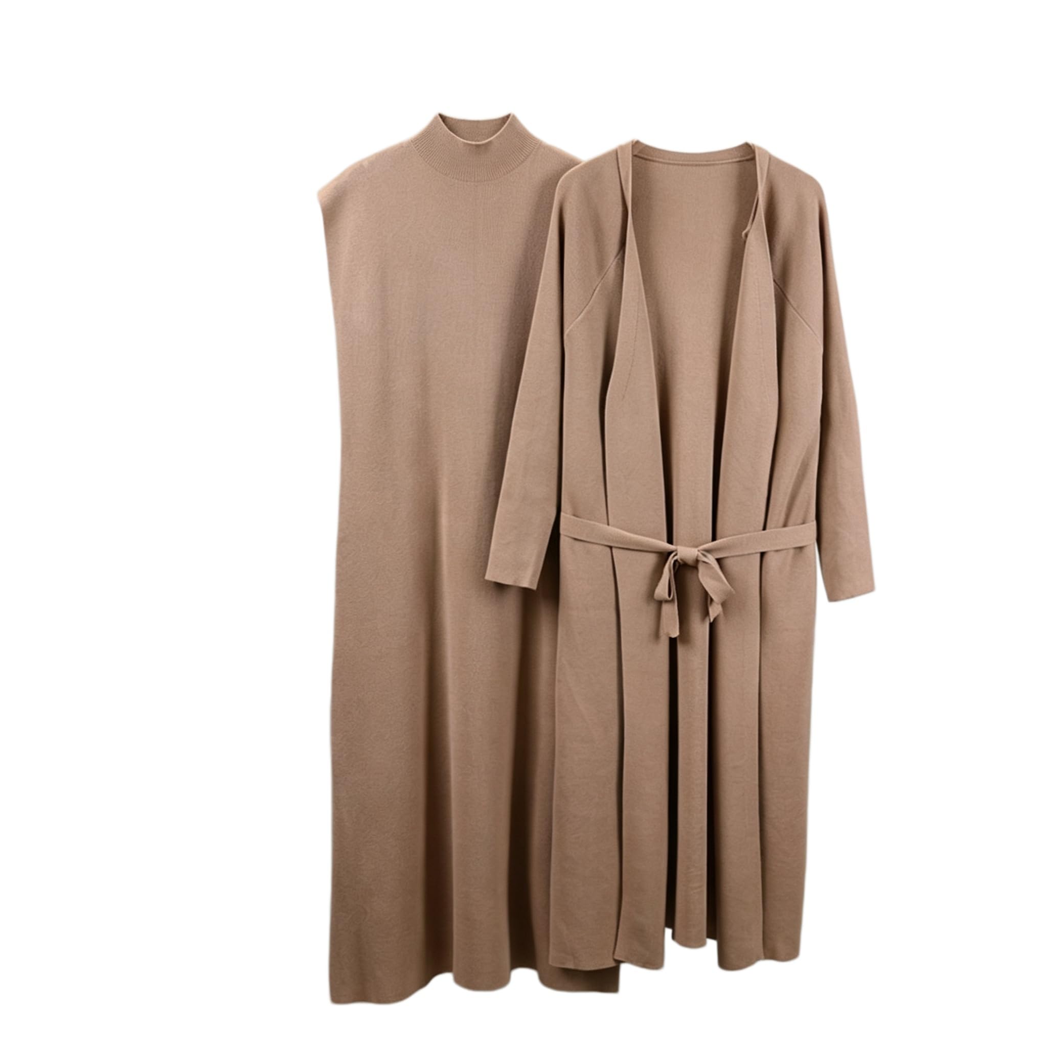 Conjunto Mujer Conjunto De Dos Piezas Para Mujer Vestido De Punto Con Cárdigan Largo Vestido Midi Sin Mangas Con Cuello Alto Y Cárdigan Largo Con Cinturón Y Abertura Frontal Conjunto De Ropa De E