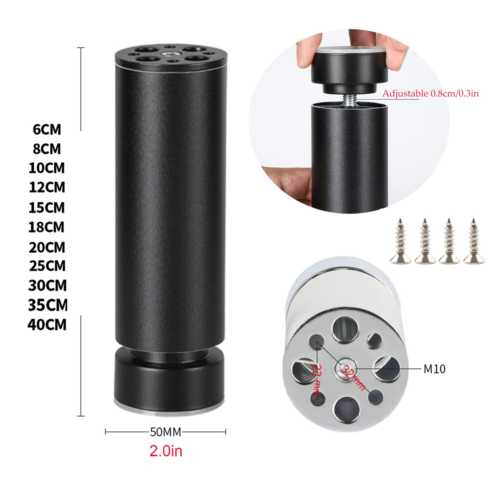 Juego de 4 patas de metal ajustables para muebles, patas elevadoras de aleación de aluminio para armarios, sofás, camas y estantes, 40 cm con tornillos, reemplazo perfecto para decoración del hogar