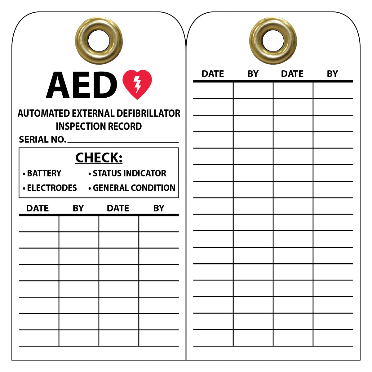 NMC AED Automated External Defibrillator Inspector Record Tag, Double-Sided, 25-Pack, 3" Width x 6" Height, Black Text on White Base, Made in The USA, RPT43G