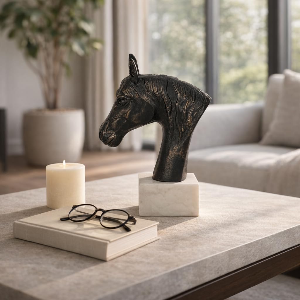 Contemporary Horse Statuary Sculpture for Home Decor - Decorative Sculptural Figurine for Office, Bathroom, and Living Room Decor - Ornament for Shelf Display and Coffee Table - 9", Black & White