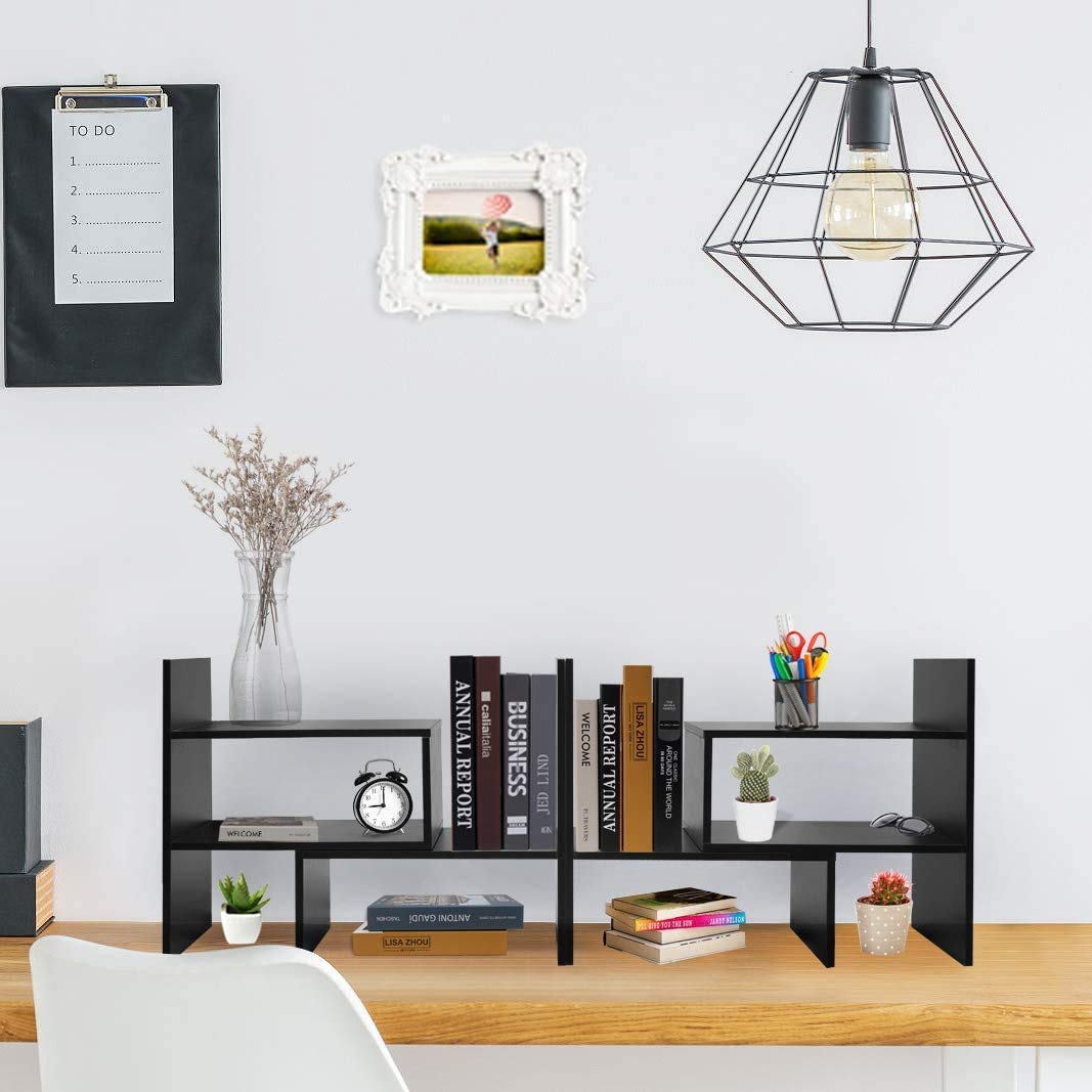 Hossejoy - Estantería ajustable de madera, organizador de almacenamiento de escritorio expansible, estante de exhibición, suministros de oficina, organizador de escritorio, negro