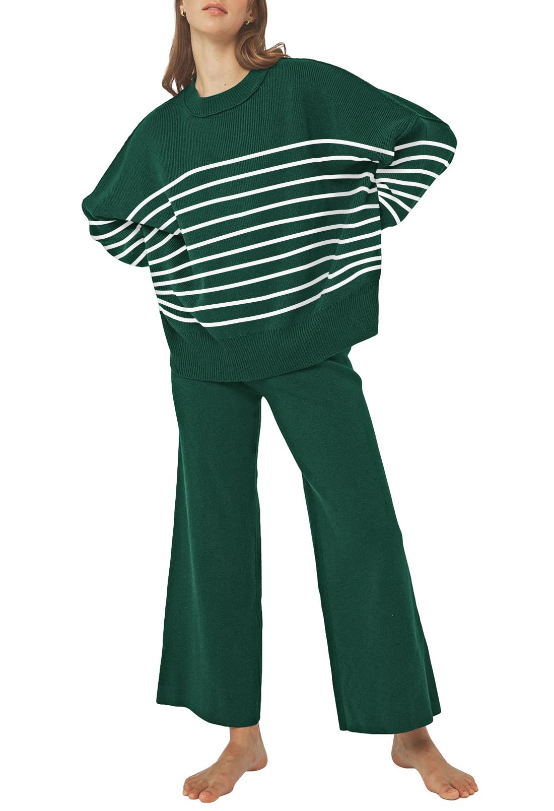 Pink Queen Women's 2 Piece Outfits Sweater Sets Knit Pullover Tops And Wide Leg Pants Loose Tracksuit Lounge Set