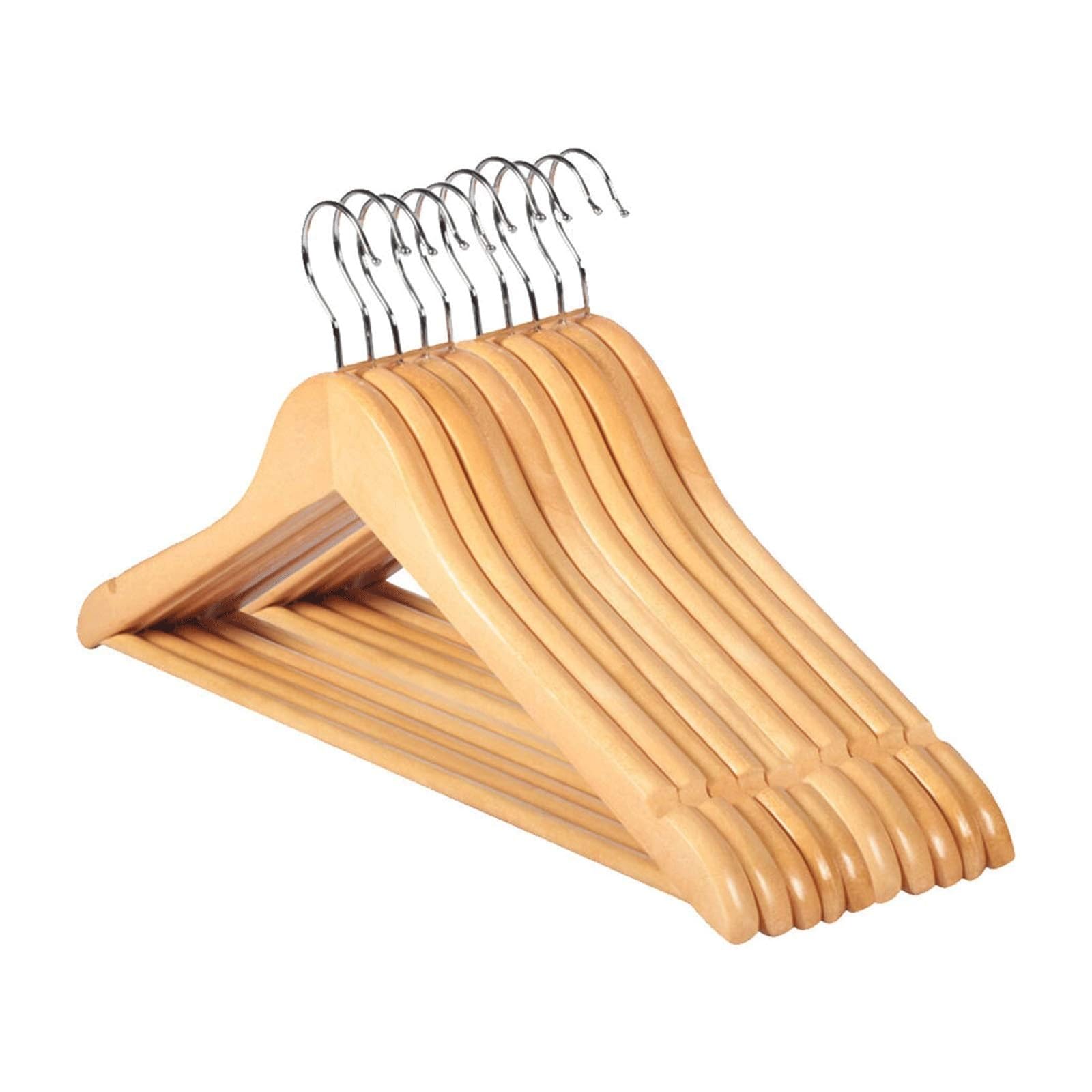 Wooden Coat Hangers 10 Pack, Smooth Finish Solid Wood Suit Hanger with Swivel Hook & Non-Slip Pants Bar for Closet Drying Rack