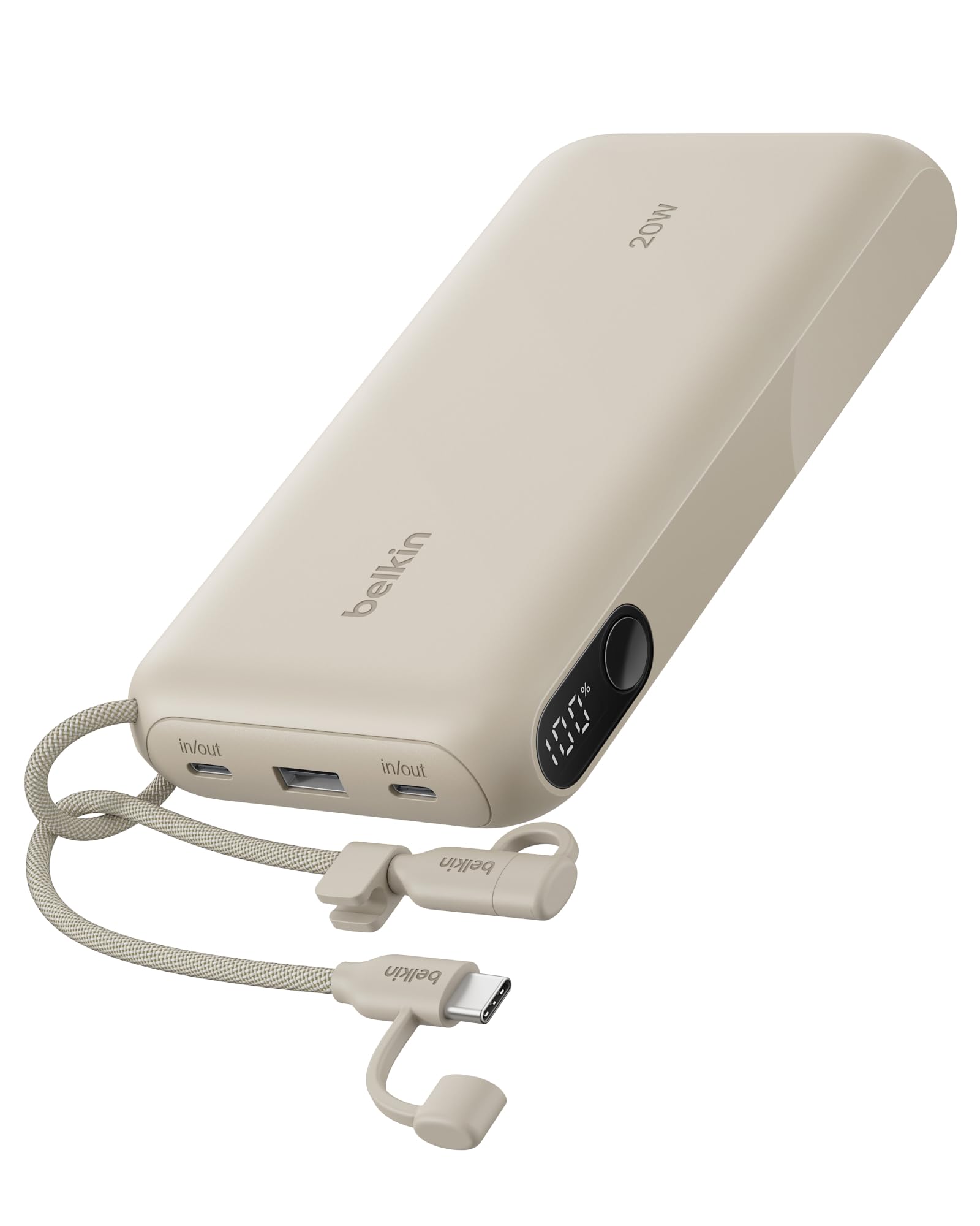 Belkin Portable Charger, USB-C Power Bank 20,000mAh w/ 2X USB-C Ports & 1x A Port, Digital Battery Display, 20W Charging for iPhone 17, Air, Pro, Samsung Galaxy S25, Pixel 10, iPad, & More - Sand