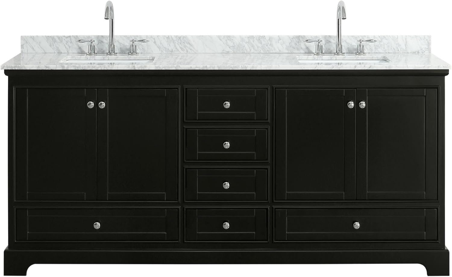 Wyndham Collection Deborah 80 Inch Double Bathroom Vanity in Dark Espresso, White Carrara Marble Countertop, Undermount Square Sinks, and No Mirrors