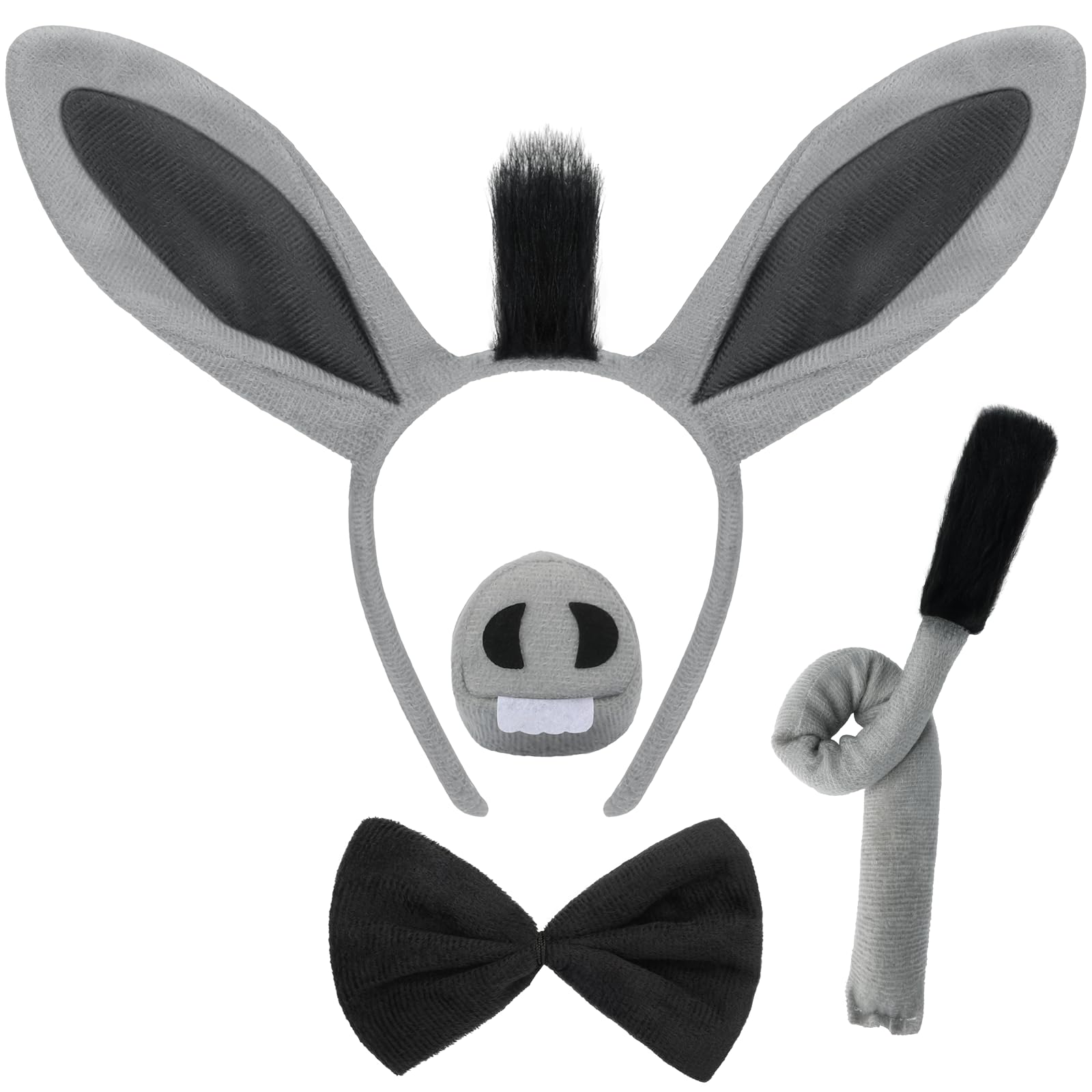 Mototo4 PCS Donkey Costume Accessories Set Donkey Ears Headband Nose and Tail with Bowtie Adult for Halloween Animal Props 101 Day Dress up Animal Birthday Party Gray