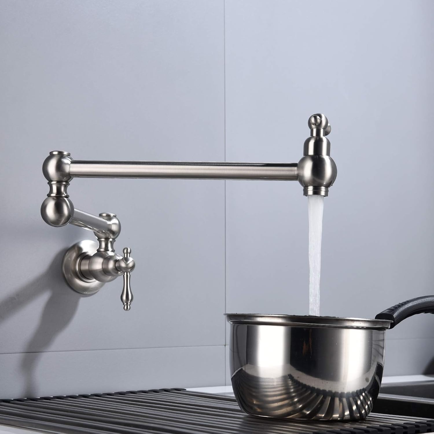 Crаzу Clеаrаnсе Tecmolog Wall Mount Kitchen Faucet 1/2”NPT Brass Folding Pot Filler Tap Single Hole Kitchen Sink Tap for Cold Water, Nickel, CT170NA