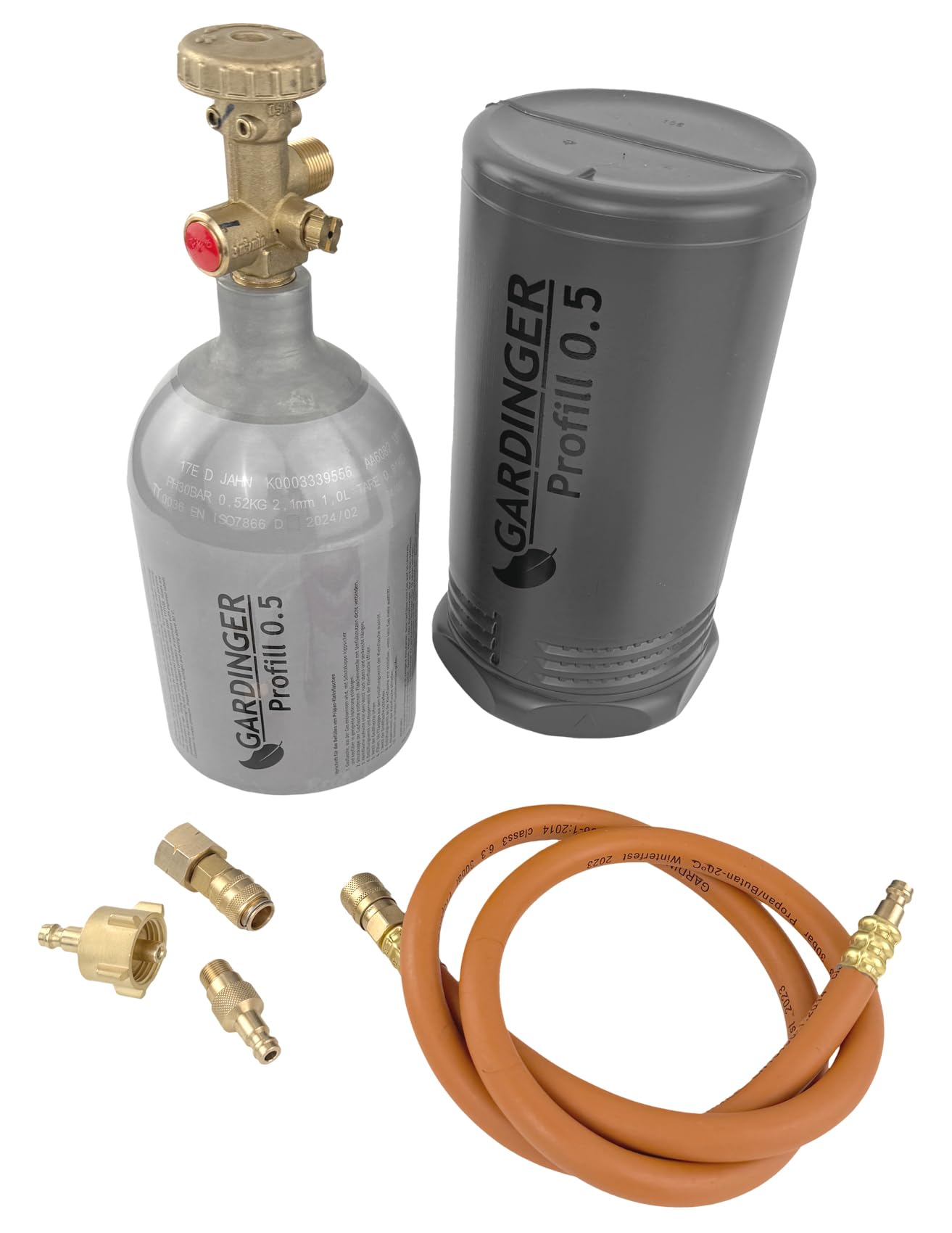 GARDINGER Aktionsset befüllbare Aluminium Propanflasche Profill 0.5 + Umfüllschlauch + Schnellkupplungen