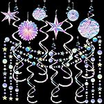 29 Pieces Iridescent Holographic Party Supplies Kit with Hanging Honeycomb Ball Decorative Paper Fan Snowflake Garlands White Star Hanging Swirl Decorations for Birthday Wedding Party Home