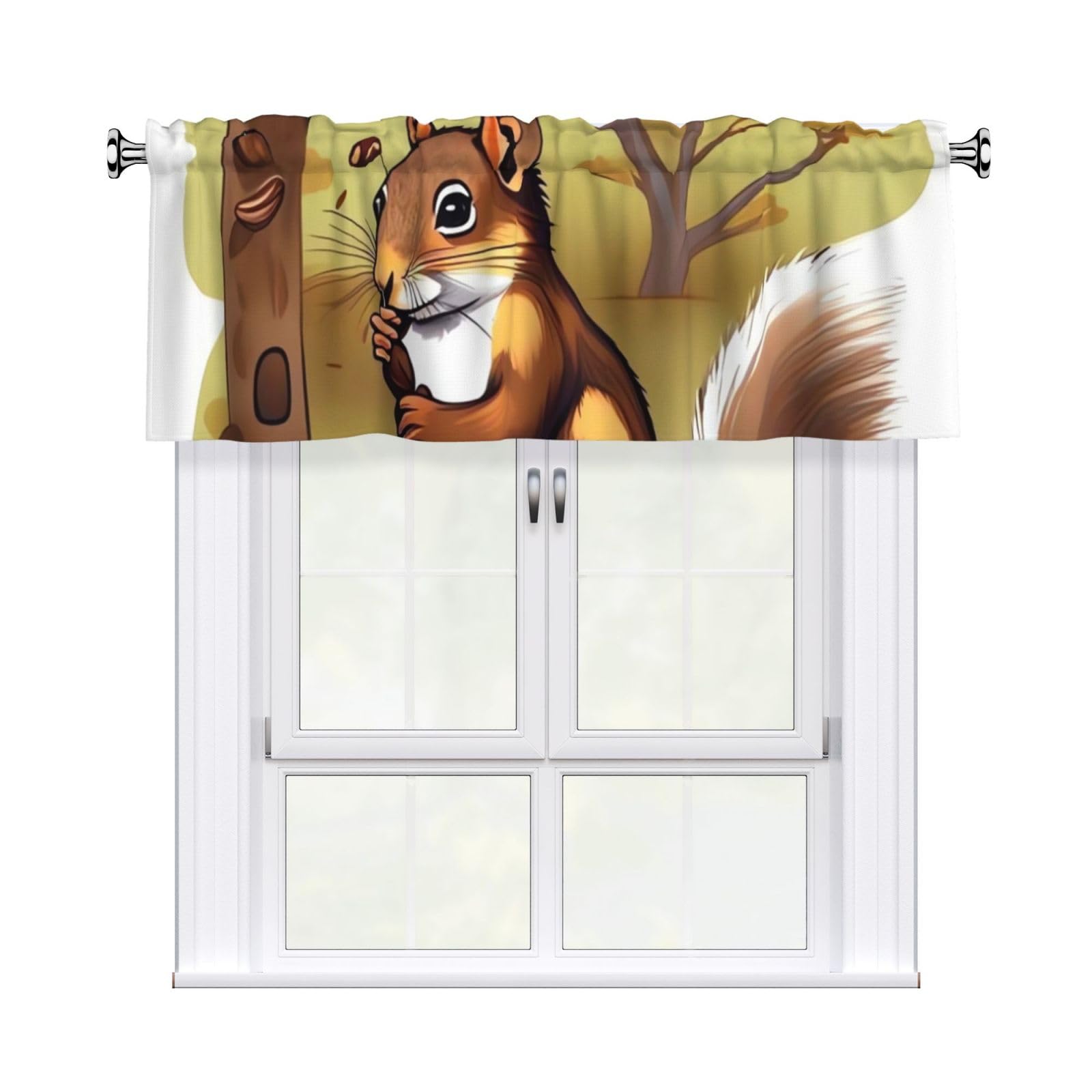 Nut-Eating Squirrel Valance Curtain 54 X 18 Inch,Blackout Kitchen Valance Window Treatments Rod Pocket Drapes Modern Art Short Curtains for Kitchen Windows Bathroom Bedroom