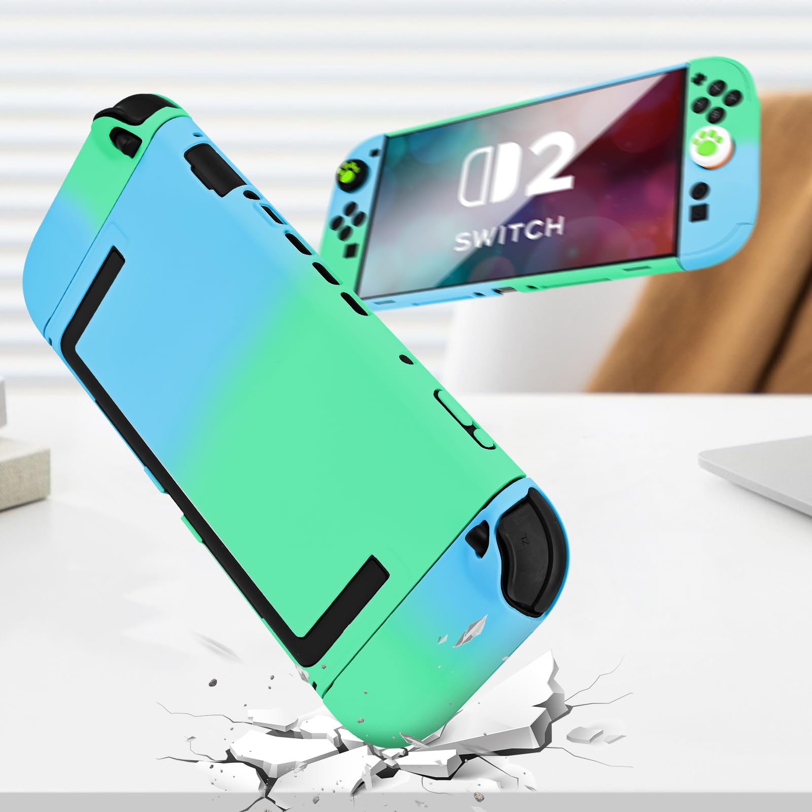 DLseego Funda para Switch 2 2025,Funda Protectora Dockable de PC con 2 Mangos y 6PCS Agarres para el Pulgar,Azul+Verde