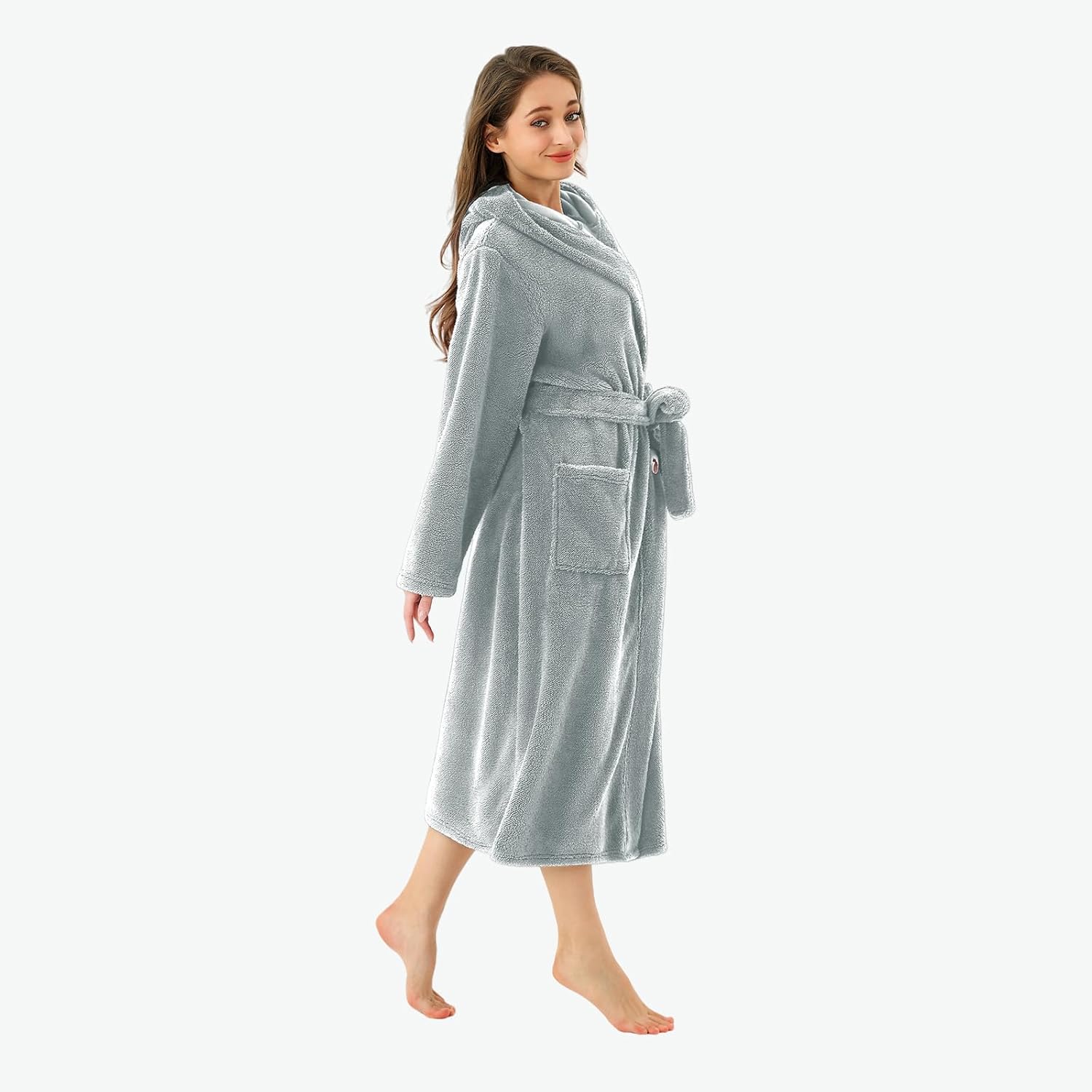 RONGTAI Womens Hooded Robe Long Plush Fleece Bathrobe with Pockets Nightwear S-XXL - Image 3