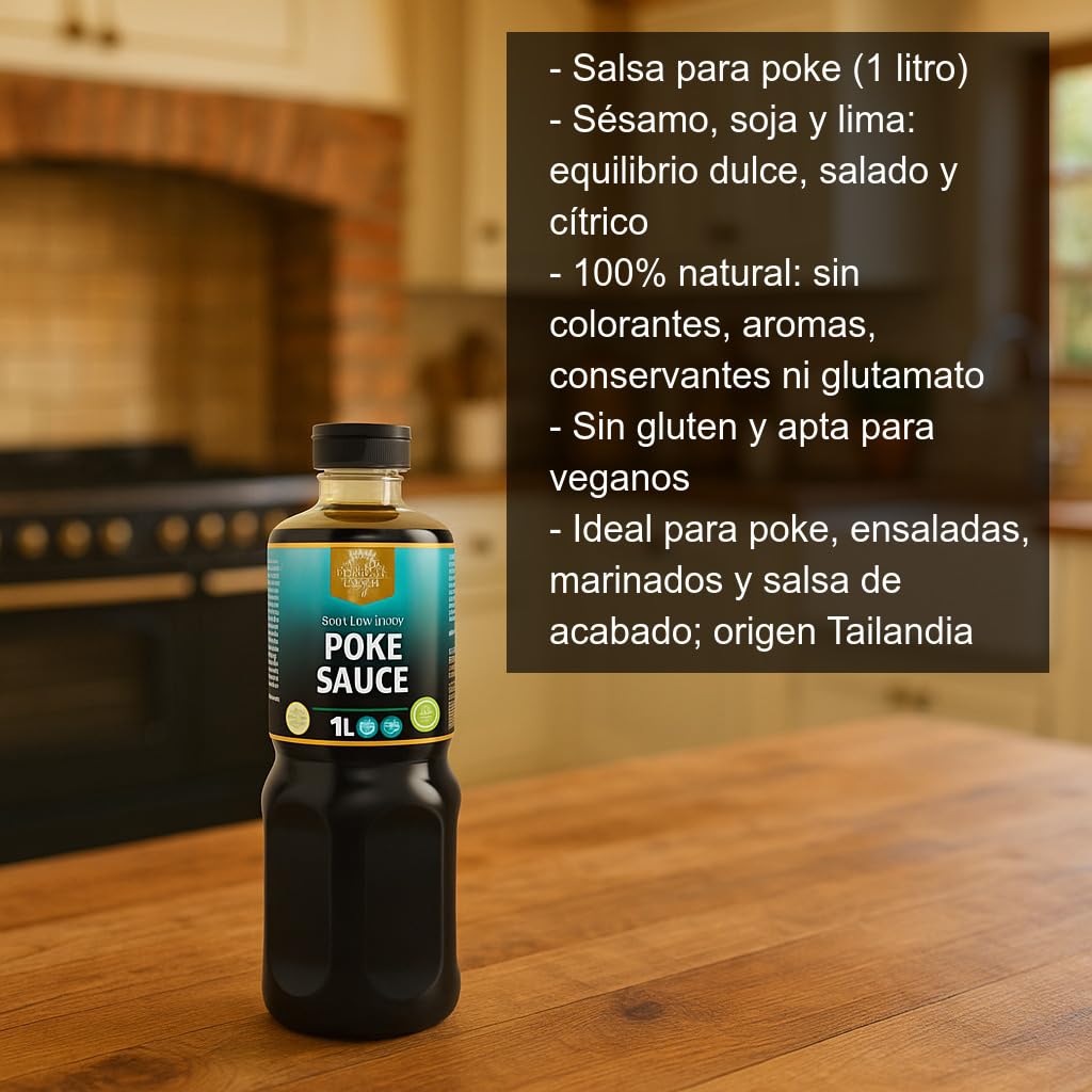 Salsa para Poke Bowl 1 Litro con Sésamo, Soja y Lima Aliño Natural Vegano Sin Gluten Ideal para Casa y Hostelería