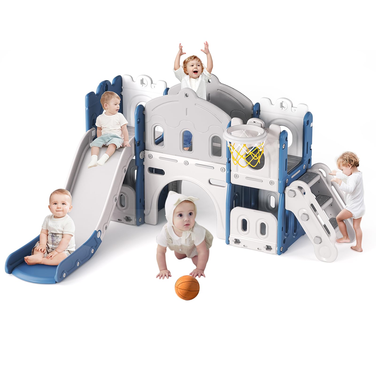 FUKEA 6-in-1 Kids Slide, Outdoor & Indoor Toddler Castle Slide Climbing Frame with Storage Box, Garden Slide Playground for Toddlers age 1-3, Birthday for Kids(Grey-Blue) — image 1
