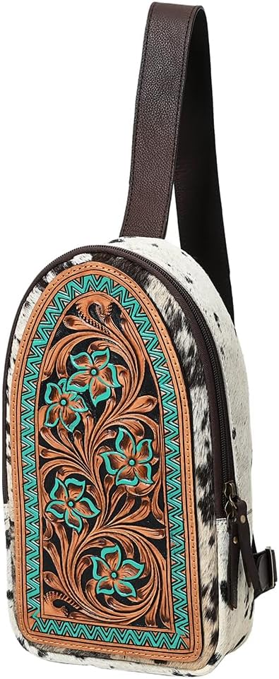American Darling Sling Bag - Hand Tooled Floral Carved, Hair-On Cowhide, Eco-Friendly Vegetable Tanned Genuine Leather