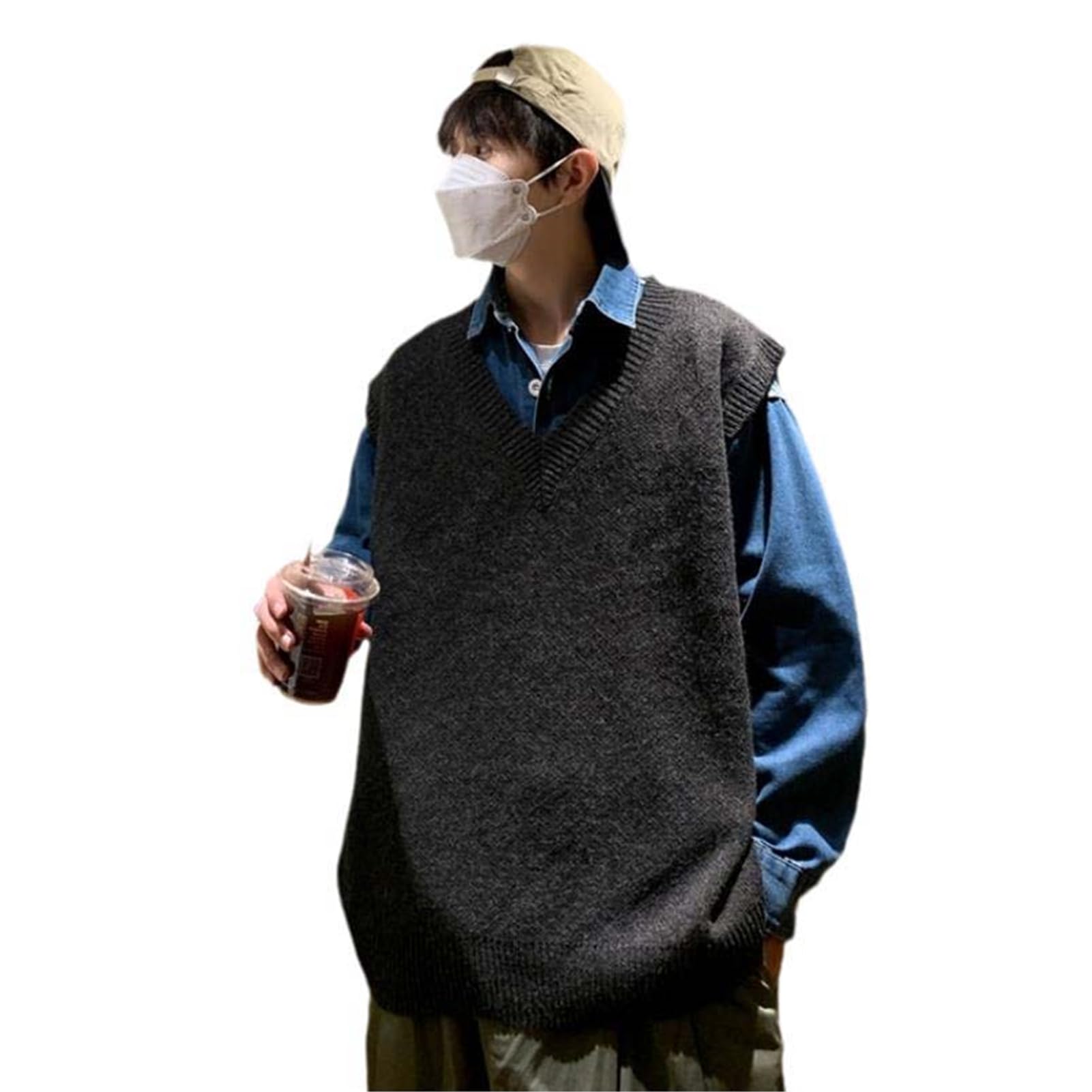 USTZFTBCL V-Neck Sweater Vest Men Solid Minimalist All-Match