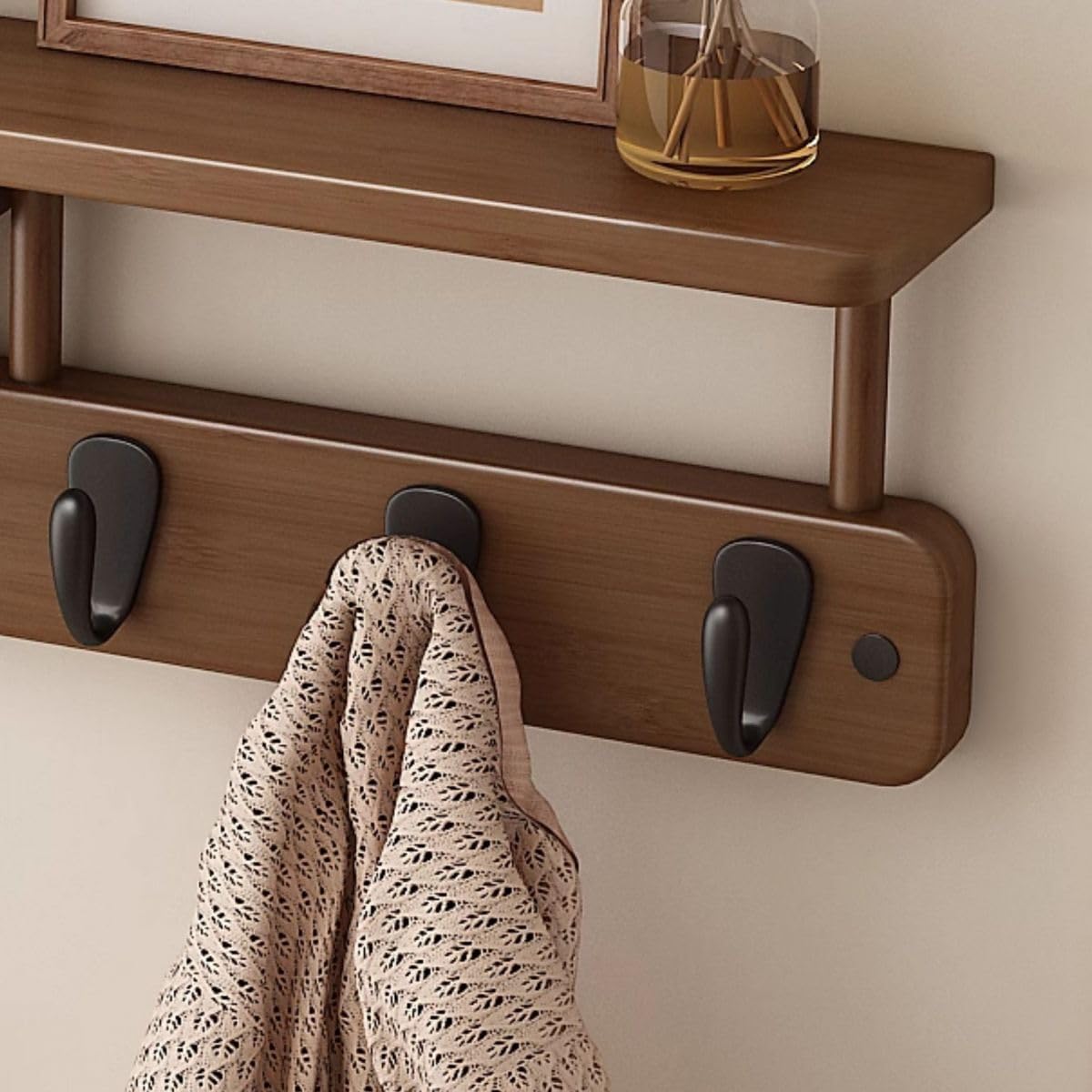 CraftThink Coat Rack Wall Mounted, Wood Floating Coat Hooks Heavy-Duty Hanging Rail Hat with 4 Hooks &1 Shelves for Door, Living Room, Bedroom, Closet, Entryway, 16" L x 4.5" W x 6.5" H