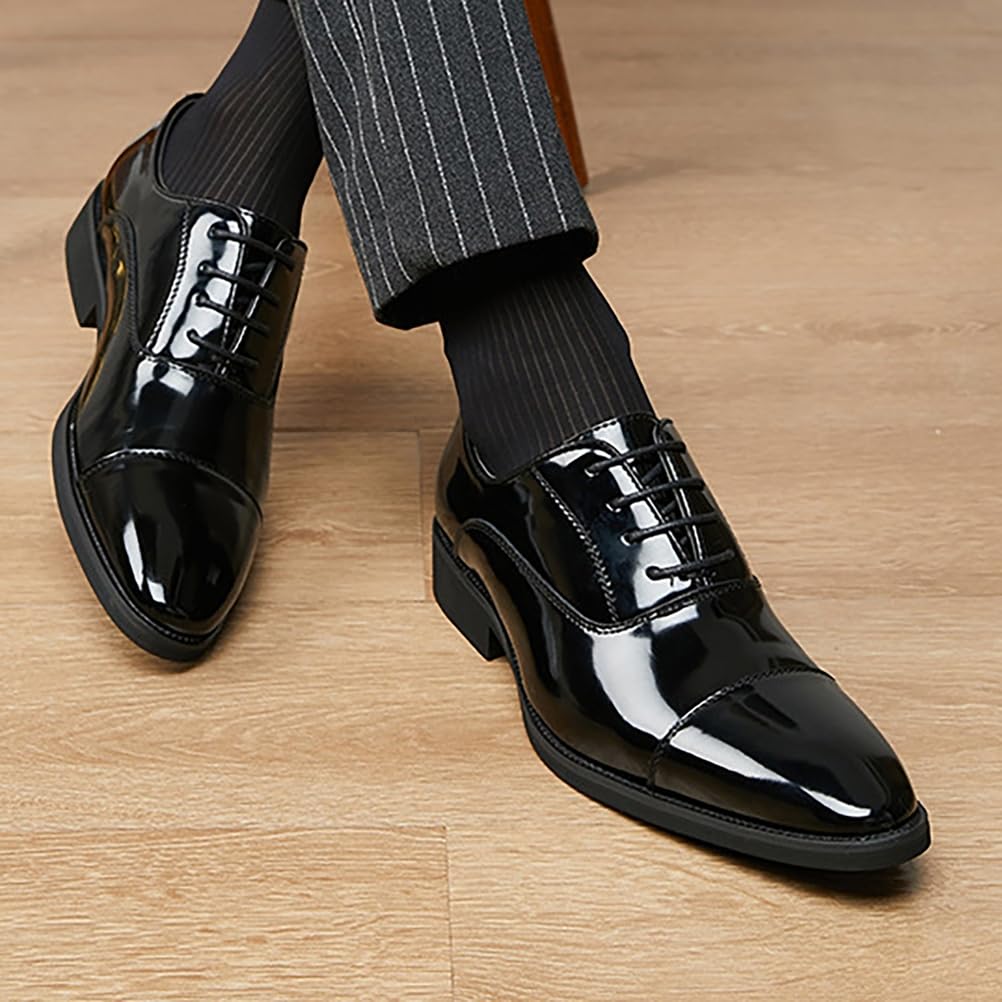 Oxford da Uomo per riunioni di Lavoro, Matrimoni, Lavoro, Ufficio, Ballo di fine Anno, Derby a Punta, Scarpe Eleganti Stringate in Pelle PU Lucida,Nero,40