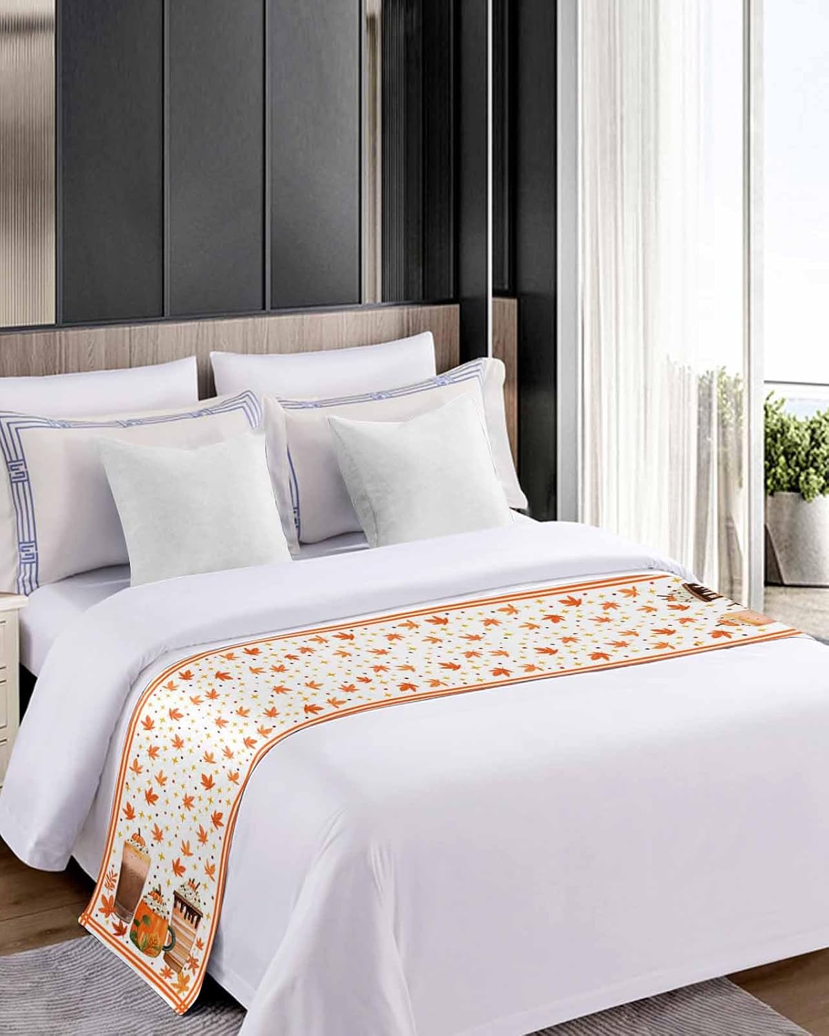 Coffee Fall Bed Runner Scarf Full Queen Size, Autumn Maple Leaves Pastoral Luxury Bed Throw Runners & Scarves for Twin Full Queen King Foot of Bed, Bedroom Hotel Wedding Room Decoration, 83"x20"