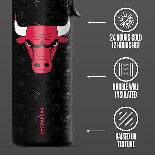 Miniatura 6 de Hydrapeak x Botella de agua activa con licencia oficial de la NBA Chicago Bulls de 26 onzas con tapa para beber y asa, reutilizable, acero