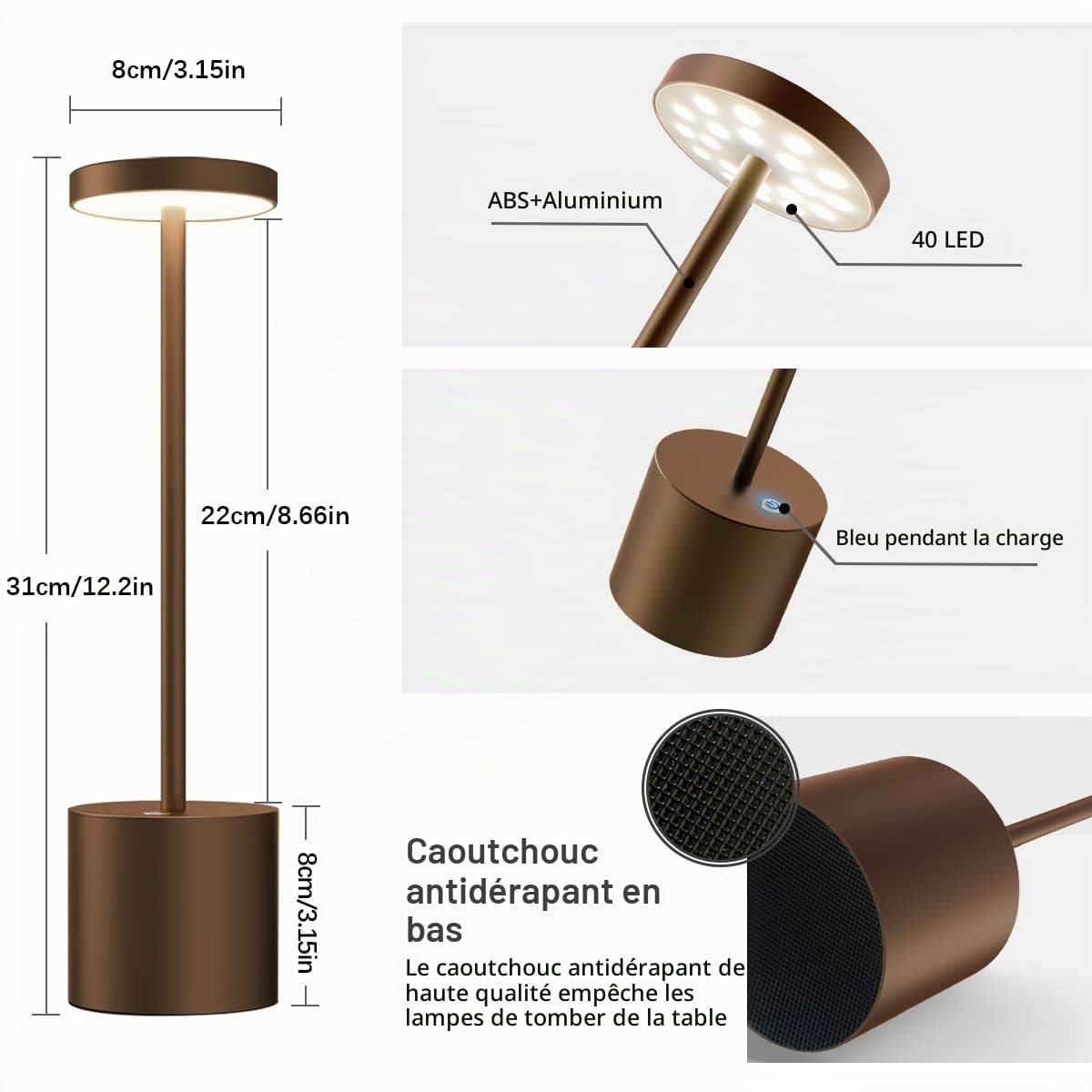 Hapfish Lampe de table sans fil rechargeable, 5000mAh bureau LED en métal