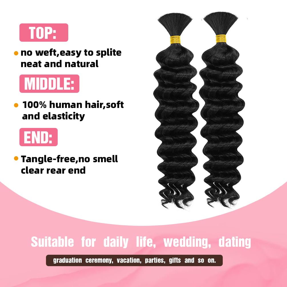 Cabello humano trenzado, 2 paquetes de 100 g, 16 pulgadas, trenzas bohemias, cabello humano 10A, ondulado, brasileño, virgen, sin trama, extensiones de cabello ondulado para bohemio, sin nudos