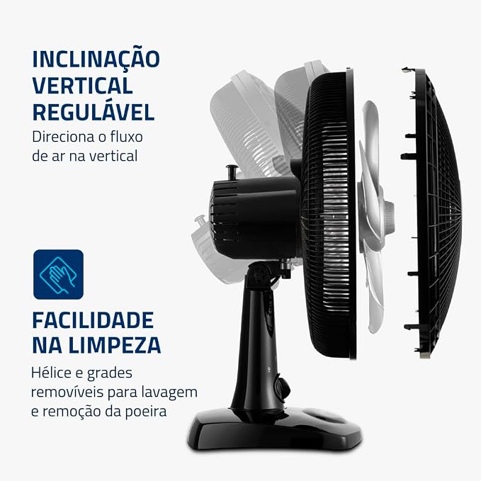 Demonstração da inclinação vertical regulável e facilidade na limpeza com grades removíveis