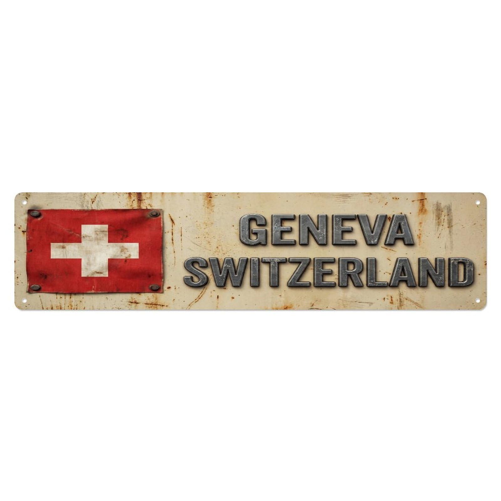 Metal Tin Sign Vintage Geneva Switzerland Flag Decor Rustic Travel