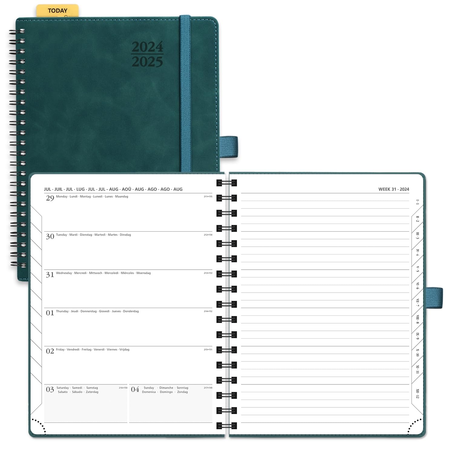 POPRUN Agenda 2024 2025 Semana Vista Espiral 22 x 16,5 cm, Una Página por Semana con Una Página de Notas 17 Meses de Ago.2024 a Dic.2025, 100 GSM Papel, Color Petróleo