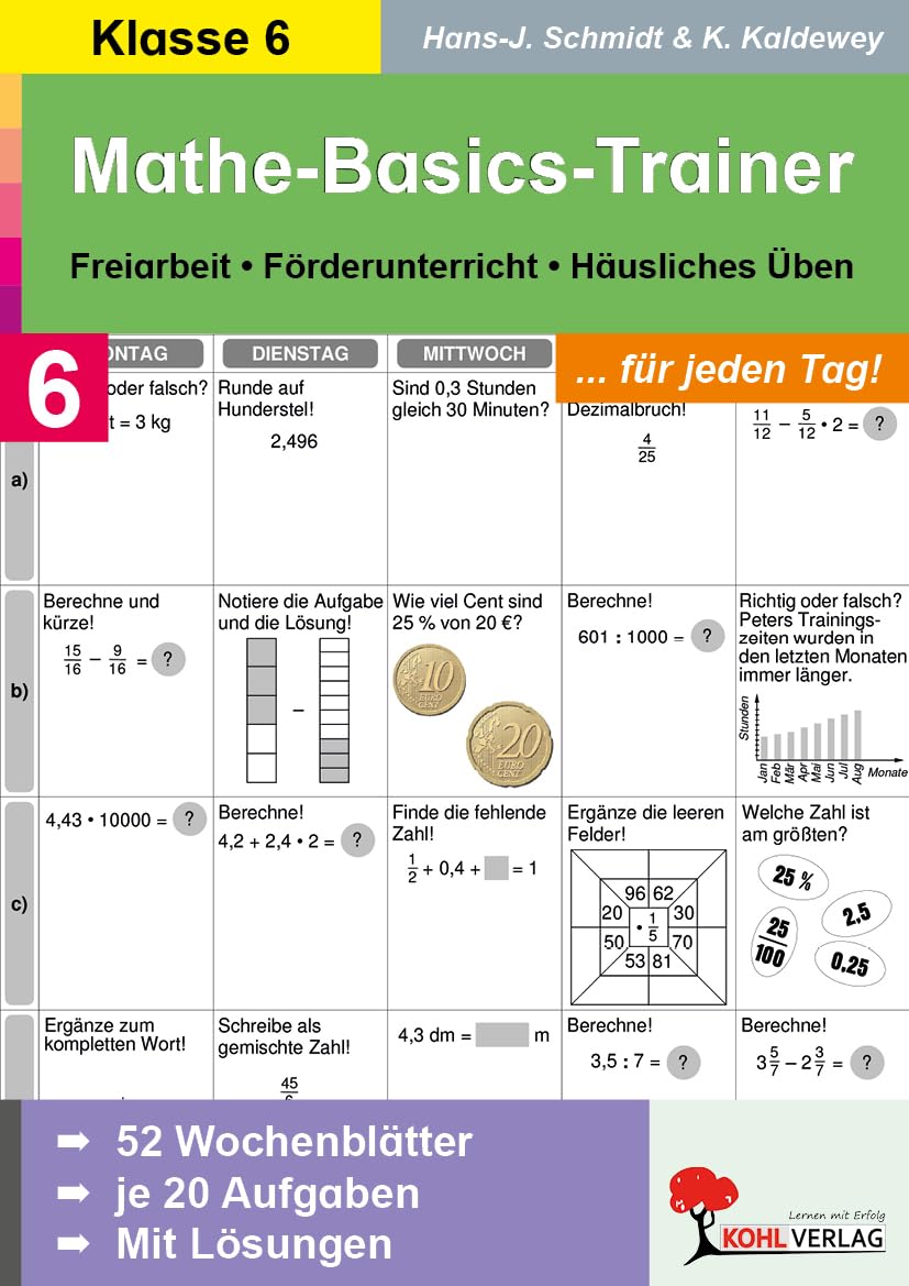 Mathe-Basics-Trainer Klasse 6 – 52 Wochenblätter mit je 20 Aufgaben | Brüche, Geometrie, Grundrechenarten | 4 Aufgaben pro Tag | Lösungen zum Umknicken | 56 Seiten: Übungen für jeden Tag