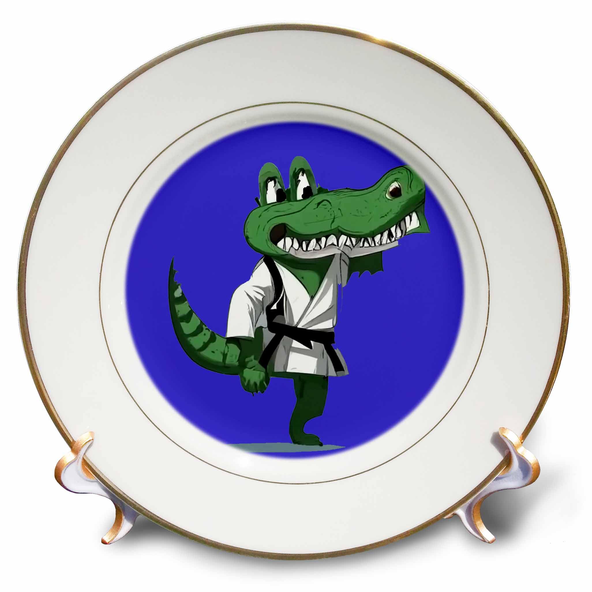 3dRose 8 inch Porcelain Plate - Funny Alligator Practicing Karate Kick Martial Arts Sports and Hobbies