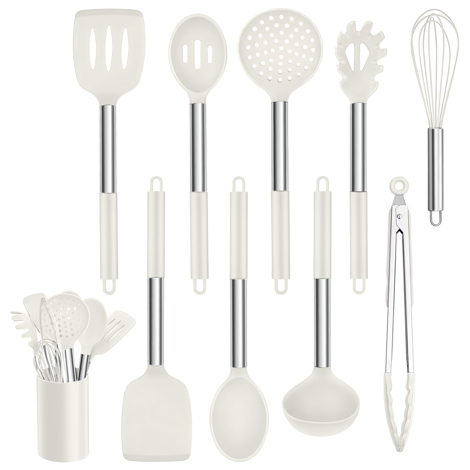 Homikit Juego de utensilios de cocina de silicona, 10 piezas con mango de acero inoxidable, antiadherente, con soporte para utensilios, color blanco