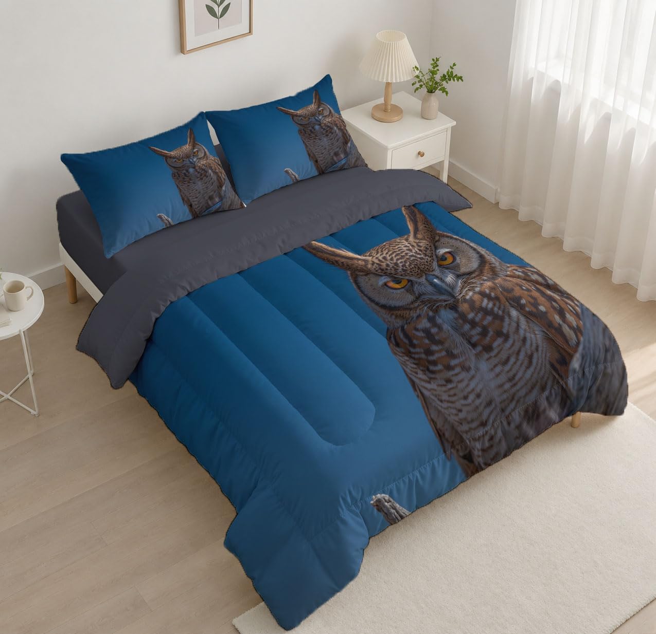 Simple Animals Comforter Set King Size, Owl Bedding Set for Girls Boys, Blue Quilt Bed 104"X90" Bedding Comforter Sets with 2 Pillowcase Room Decor