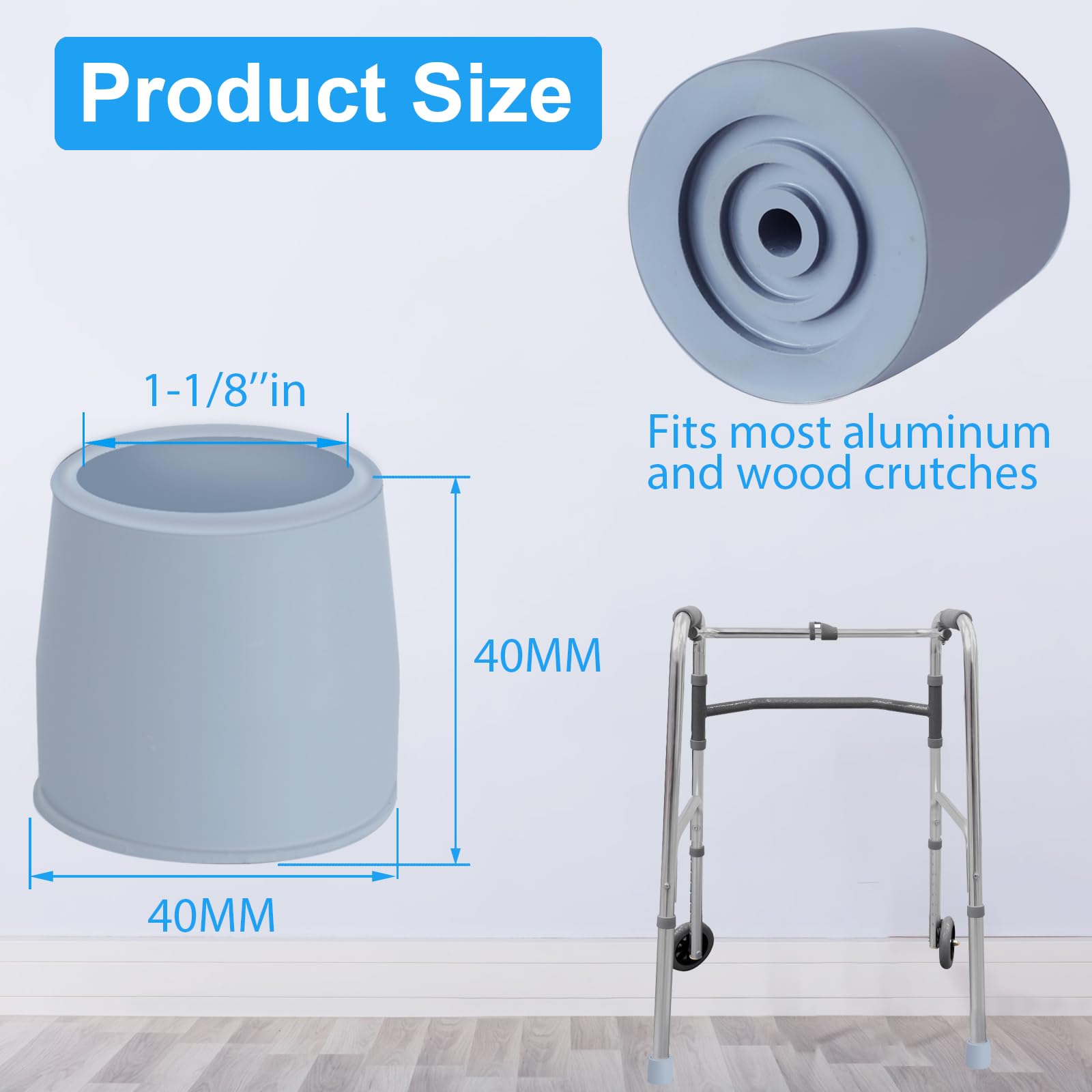 Paquete de 4 puntas de bastón de goma de repuesto de 1 1/8 pulgadas, puntas de muleta de alta resistencia, puntas de goma para muletas para caminantes, inodoros, sillas de ducha, patas de bastón, gris