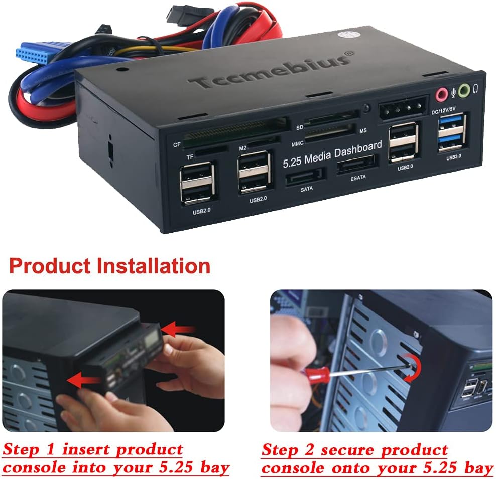 Two images demonstrating the physical installation of the Tccmebius TCC-QL5E into a 5.25-inch PC drive bay, showing insertion and securing with screws.
