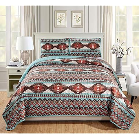 Rugs 4 Less Rustic Southwestern Quilt Stitched Western Bedspread Bedding Set with Tribal Native American Patterns - Utah (Turquoise, King - California King) Cover