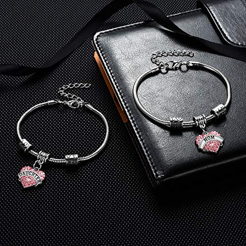 YEEQIN Set of 2 Crystal Heart Mom Daughter Charm Bracelet Jewelry Gift for Mother and Daughter3