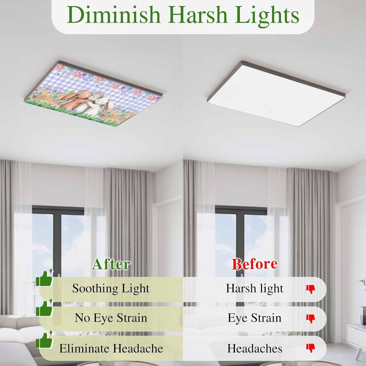 Easter Bunny Fluorescent Light Covers for Ceiling Lights 4x2 feet,4 Pack Magnetic Light Filters for Classroom,Cute Rabbits Colorful Eggs Flower Purple Plaid Fluorescent Lamp Shade Panel for Office