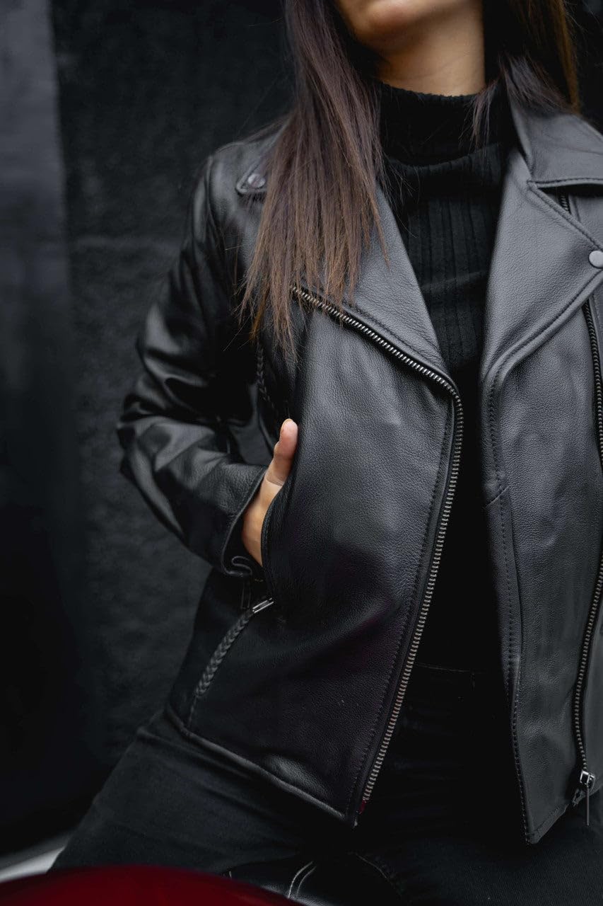 Braided Women's Leather Motorcycle Jacket, Studded, Black Asymmetrical Style with Zipout Liner (Large)
