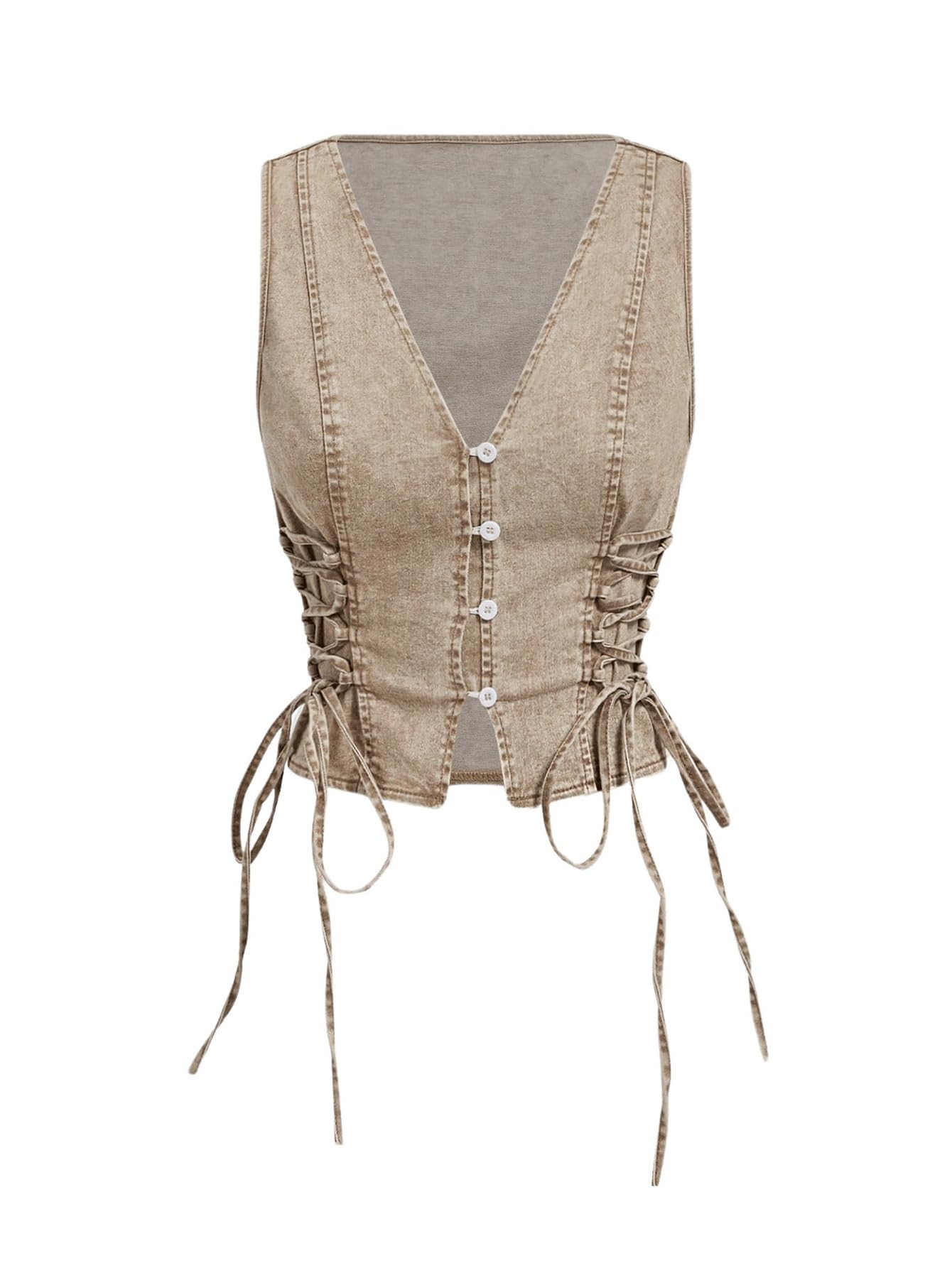 Floerns Womens Sleeveless V Neck Button Crop Vest Lace Up Front Vintage Denim Vest