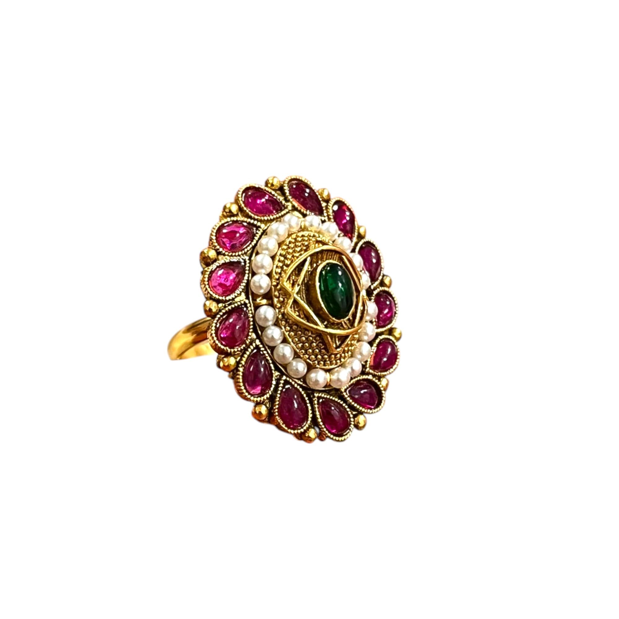 Traditional Ethnic Gold Plated Alloy Adjustable Big Size Finger Ring For Women-image-4