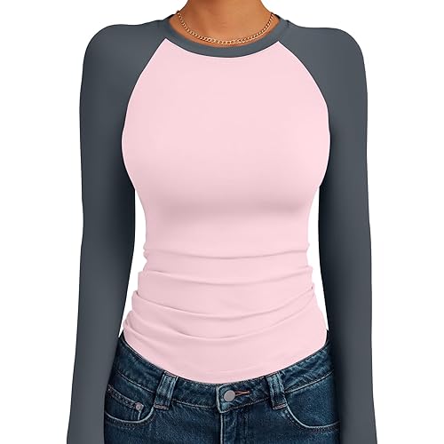 Trendy Queen Women's Long Sleeve Shirts Slim Fit Stretchy Color Block Slightly Cropped Tops