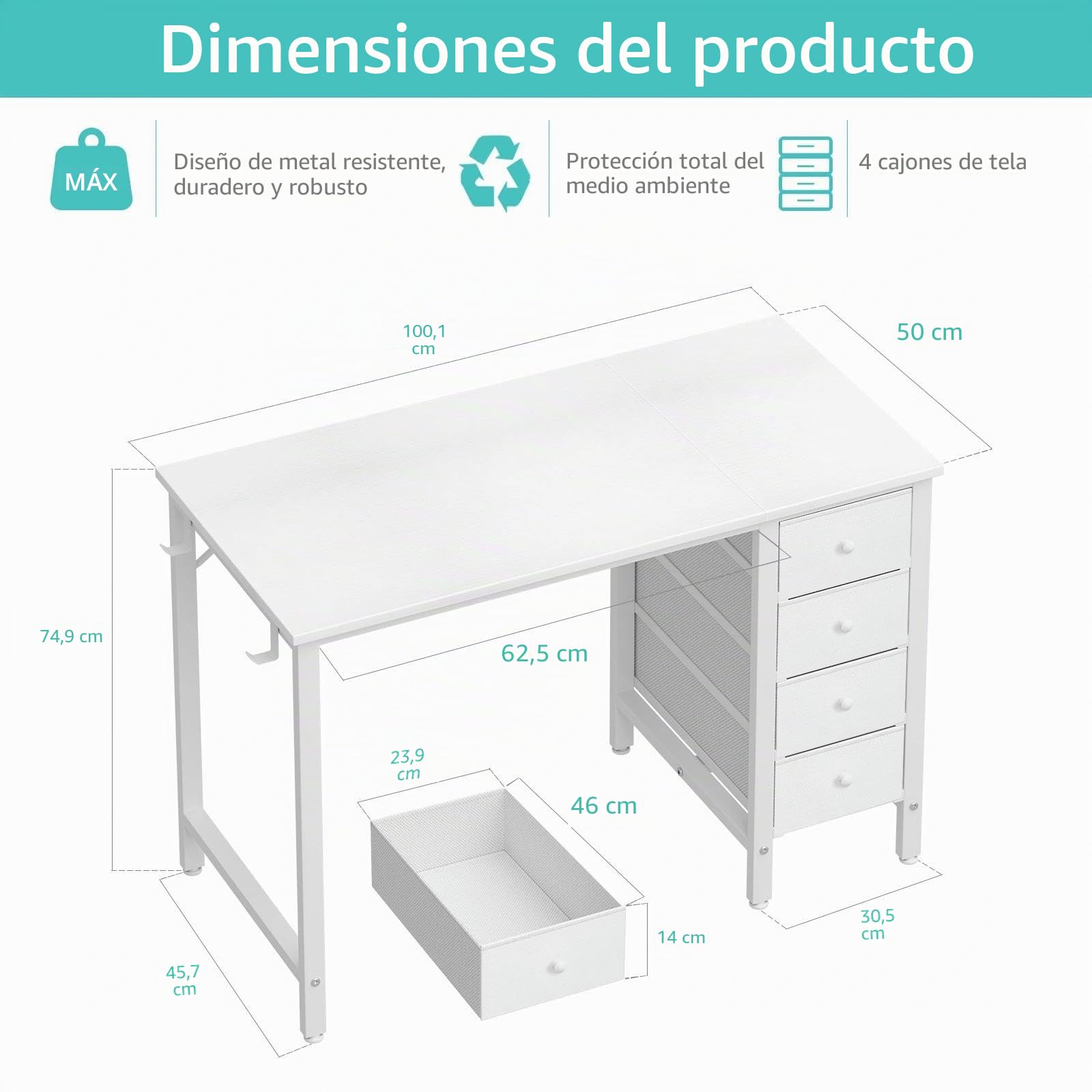 Lufeiya Escritorio Blanco Pequeño con Cajones,Mesa Escritorio de Estudio para Niños y Niñas, Escritorio Oficina Reversible para Espacios pequeños 100X48CM